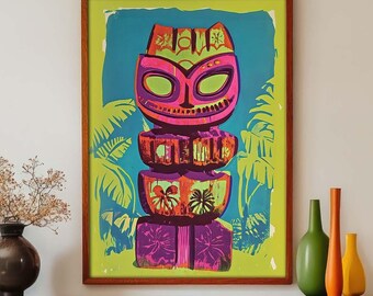 Mid Century Modern Decor Retro Tiki Bar Decoration - Colorful Tropical Beach House - Turquoise Purple Pink Green - Unframed Art Print