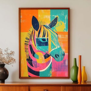 May include: A colorful abstract art print of a zebra with a geometric background. The zebra is depicted in shades of blue, green, pink, and yellow. The background is a mix of bright colors and geometric shapes.