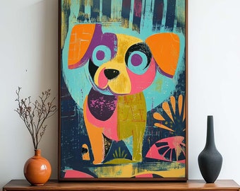 Colorful Puppy Dog Wall Art Poster - Unframed Print Colorful Abstract Retro Boho Mid Century Modern Decor Wall Poster Kids Room Decoration