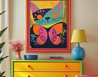 Colorful Cat Art  - Unframed Print - Retro Mid Century Modern Maximalist Dopamine Decor Wall Art Poster Mantle Decoration - small to large