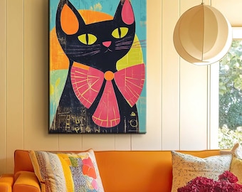 Retro Cat Art - Gallery Wrapped Canvas Print Ready To Hang - Colorful Mid Century Modern Kitty Maximalist Dopamine Decor Mantle Decoration