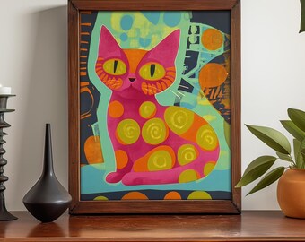 Colorful Cat Art  - Unframed Print - Retro Mid Century Modern Maximalist Dopamine Decor Wall Art Poster Mantle Decoration - small to large