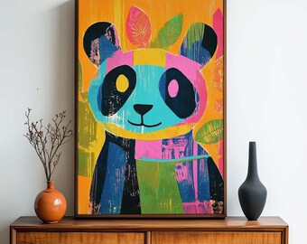 Maximalist Panda - Unframed Art Print Colorful Abstract Boho Mid Century Modern Decor Wall Poster Kids Room - Pink Orange Turquoise Green