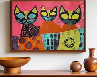 Colorful Abstract Cats Unframed Art Print - Retro Mid Century Modern Glam Maximalist Dopamine Decor Wall Art Poster Mantle Decoration