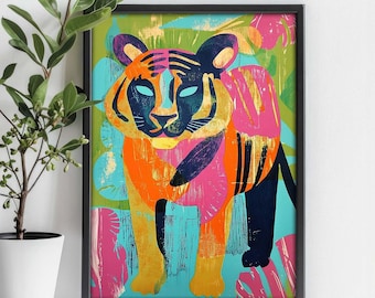 Vibrant Maximalist Jungle Tiger - Unframed Art Print Colorful Abstract Retro Boho Mid Century Modern Decor Wall Poster Kids Room Decoration