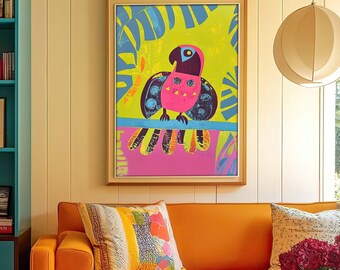 Vibrant Colorful Parrot Painting - Unframed Art Print Abstract Retro Boho Jungle Maximalist Decor Tropical Bathroom Kitchen