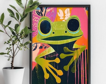 Cute Gecko  - Unframed Wall Art Print - Colorful Bohemian Mid Century Modern Boho Whimsical Decor Childrens Bedroom - Vibrant Pink Green