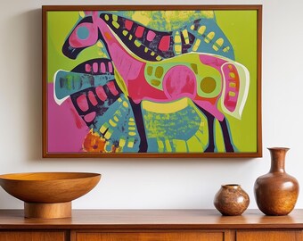 Colorful Abstract Horse - Unframed Art Print - Retro Mid Century Modern Maximalist Dopamine Decor Wall Art Poster Mantle Decoration