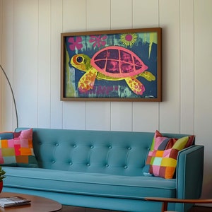 May include: A teal blue sofa with two colorful patterned pillows. A framed print of a pink and green turtle with flowers hangs on the wall behind the sofa.