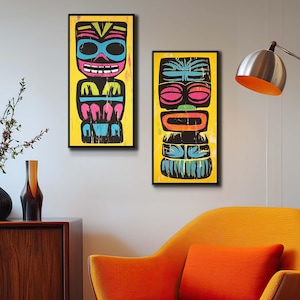 Stretched Canvas Tiki Art - Mid Century Modern Decor Retro Tiki Bar Decoration - Vibrant Colorful Tropical Beach House Jungle Decor