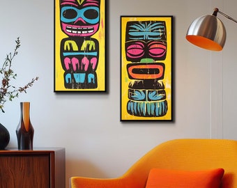 Stretched Canvas Tiki Art - Mid Century Modern Decor Retro Tiki Bar Decoration - Vibrant Colorful Tropical Beach House Jungle Decor
