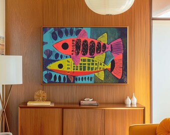 Mid Century Modern Decor - Vibrant Colored Abstract Fish Unframed Art Print Retro Boho Maximalist Decor Wall Poster Kids Room Decoration