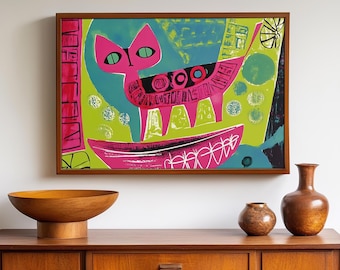 Colorful Abstract Pink Cat - Unframed Art Print - Retro Mid Century Modern Maximalist Dopamine Decor Wall Art Poster Mantle Decoration