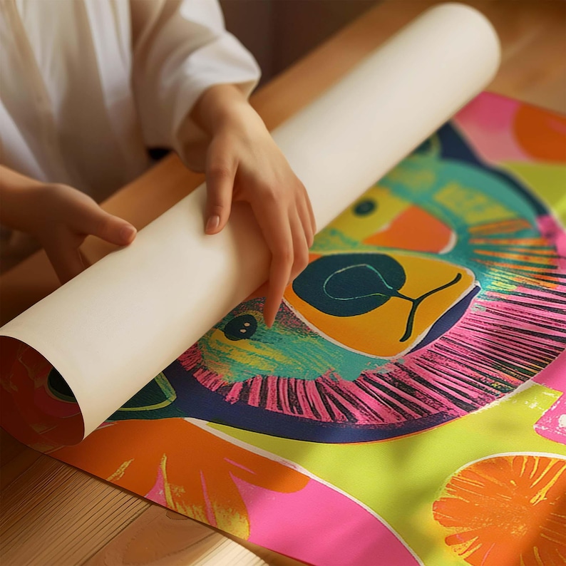 Op de afbeelding: Een kleurrijke poster met een gestileerde illustratie van een berenkop in felle gele, groene, roze en blauwe kleuren. De poster is opgerold en wordt vastgehouden door iemands handen.