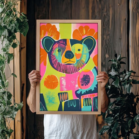 Bright Colored Abstract Bear Painting - Unframed Art Print Retro Mid Century Maximalist Boho Jungle Decor Poster Mantle Kids Room Decoration