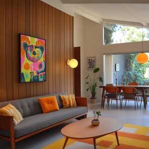 Op de afbeelding: Een woonkamer in mid-century modern stijl met een grijze bank, een houten salontafel en een kleurrijk abstract schilderij van een beer. De kamer heeft houten lambrisering op de muren en een groot raam met uitzicht op een tuin.