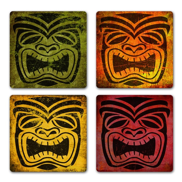 Retro Tiki Design 4pc Kitsch Coaster Set Housewarming Gift Office Decor Red Orange Green