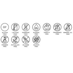 Puede incluir: Un conjunto de 12 iconos en blanco y negro que representan afirmaciones comunes sobre los ingredientes y la fabricaci&oacute;n de productos. Los iconos incluyen sin gluten, sin lactosa, sin hormonas, sin alcohol, sin crueldad, sin fragancia, sin aceite mineral, sin parabenos, sin ftalatos, sin silicona y sin sulfatos.