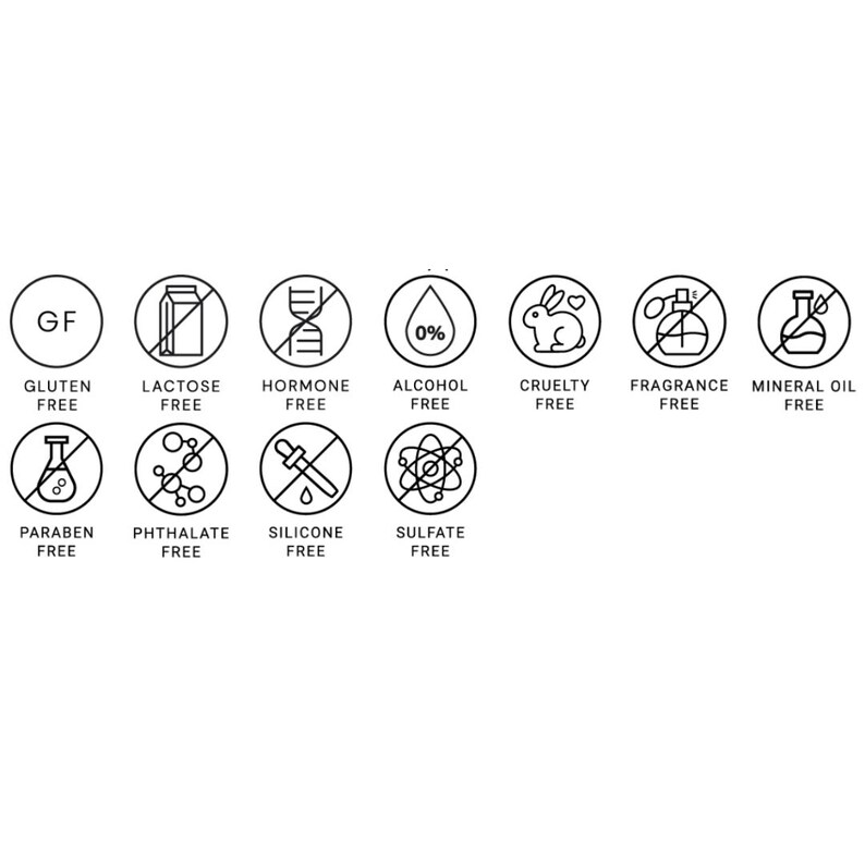Puede incluir: Un conjunto de 12 iconos en blanco y negro que representan afirmaciones comunes sobre los ingredientes y la fabricaci&oacute;n de productos. Los iconos incluyen sin gluten, sin lactosa, sin hormonas, sin alcohol, sin crueldad, sin fragancia, sin aceite mineral, sin parabenos, sin ftalatos, sin silicona y sin sulfatos.