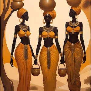 May include: Three women in orange and gold clothing carry water jugs on their heads. They are walking in a desert landscape with a large, bright sun in the background.