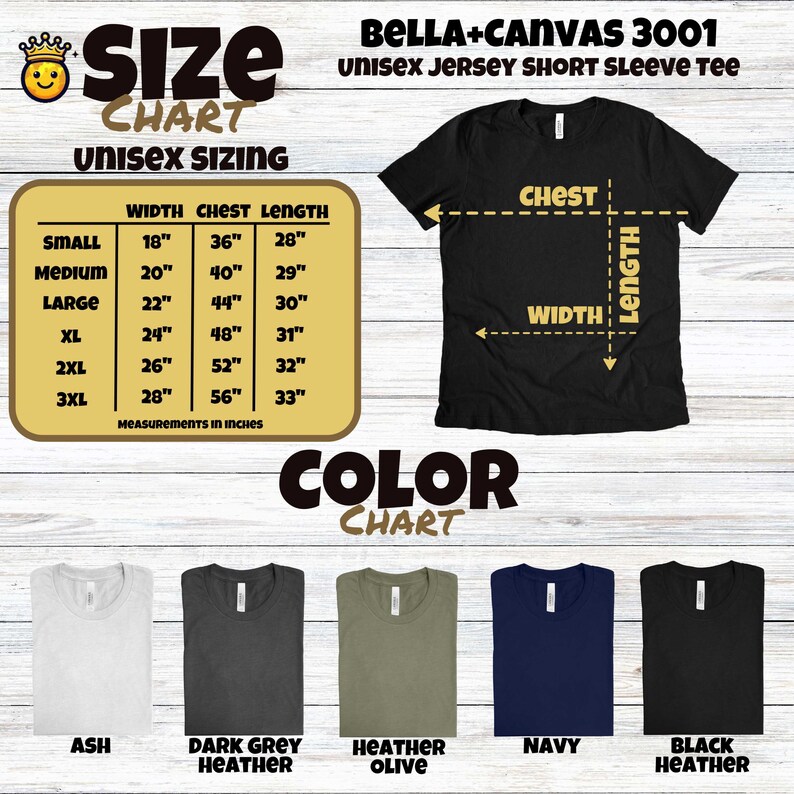 Op de afbeelding: Een maattabel en kleurengids voor het Bella+Canvas 3001 unisex jersey t-shirt met korte mouwen. De afbeelding toont een zwart t-shirt met gele meetpijlen, een tabel met maten van small tot 3XL in inches en vijf verschillende kleurvoorbeelden.