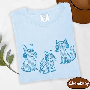 Woodland Animals Headphones T-Shirt, Music Lover Gift, Blue Line Art Comfort Colors Tee, Animal Music Fan Shirt, Cute Wildlife, Animal Lover