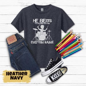 Personalized Drummer Shirt - Kids Custom Name Tee - He Beats to His Own Rhythm Youth Music Gift - Boy Drummer T-shirt - Boys Birthday Gift