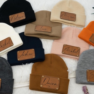 Engraved Leather Name Beanie,Custom Knit Hat for Baby Adult, Newborn Kids Toddler Winter Hat,Personalized Baby Beanie Gift,Baby Shower Gift