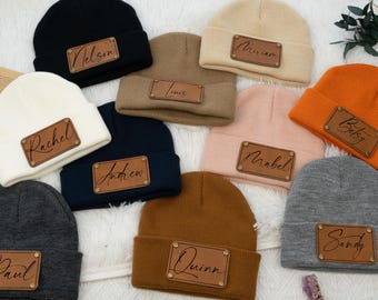 Engraved Leather Name Beanie,Custom Knit Hat for Baby Adult, Newborn Kids Toddler Winter Hat,Personalized Baby Beanie Gift,Baby Shower Gift