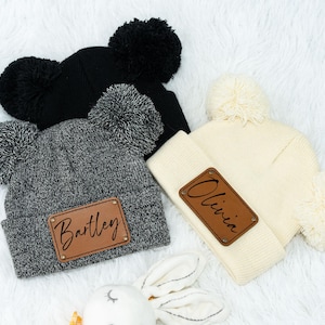 Personalized Baby Beanie with Leather Patch & Pom - Knitted Kids Hat