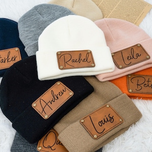 Personalized Knit Beanie with Leather Name Patch - Custom Winter Hat
