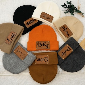 Personalized Name Hat with Leather Patch,Custom Beanie for Baby Adult,Baby Shower Gift,Toddler Newborn Winter Hat,Engraved Kids Knit Hat