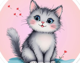 Gray Tabby Cat Sticker: Kawaii Hearts, Laptop Decal.