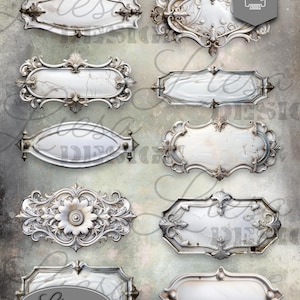 Afdrukbare lege ornamentlabels voor scrapbooking en junkjournal. Onderdelen zijn uitgesneden, resolutie 300 dpi. Digitale download