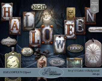 Dark Night Halloween Clipart Bundle: Junk Journal Ephemera (Digital Download).