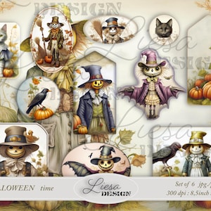 Halloween Clip Art, Printable Junk Journal Papers and Labels | Autumn Clip Art, Pumpkin, Scarecrow, Cats, Bat, Spider Web, Digital Download