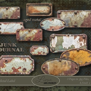 Junk Journal Aged Metal Labels, druckbare alte Vintage Aufkleber für Scrapbooking.  Teile sind in Auflösung 300 dpi ausgeschnitten. Digitaler Download