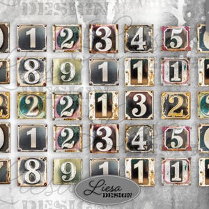 Etiquetas imprimibles con números vintage para scrapbooking y diarios antiguos. Descarga digital desgastada. Recortes de 300 DPI para manualidades.