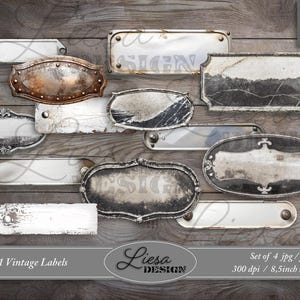 Gealterte Metalletiketten, druckbare alte Vintage Aufkleber für Junk Journal, Scrapbooking.  Teile sind in Auflösung 300 dpi ausgeschnitten. Digitaler Download