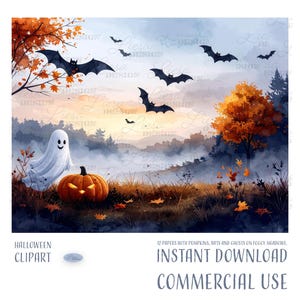 Halloween Clipart 12 Landscape High Res Watercolor JPGs Junk Journaling, Scrapbooking, Card Making, Instant Digital Download, Commercial Use