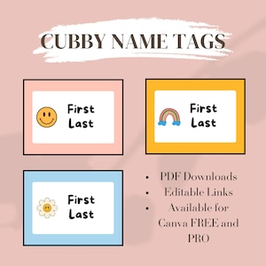 Op de afbeelding: Drie kleurrijke, afdrukbare naamstickers met verschillende ontwerpen: een smiley, een regenboog en een bloem. De stickers zeggen "First Last" en zijn ontworpen voor kluisjes. PDF-downloads en bewerkbare links zijn beschikbaar voor Canva GRATIS en PRO.