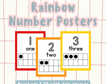 May include: Three colorful printable posters with ten frames to help teach counting numbers 1 through 3. The posters are red, orange, and yellow. The numbers are written in black and the words are written in black. The posters say "one", "two", and "three". The posters also say "Numbers 1-20 with ten frames".