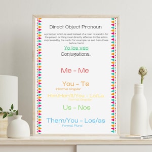 May include: A framed poster with text about direct object pronouns, featuring colorful triangular borders. The poster is displayed on a white shelf with decorative vases and a lamp.