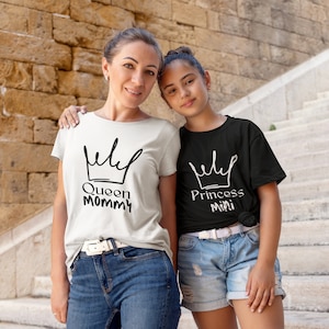 Mommy and Me Matching Family T-Shirts - Queen Mommy and Princess Mini Crown Design - Mother Daughter Outfit for Special Moments