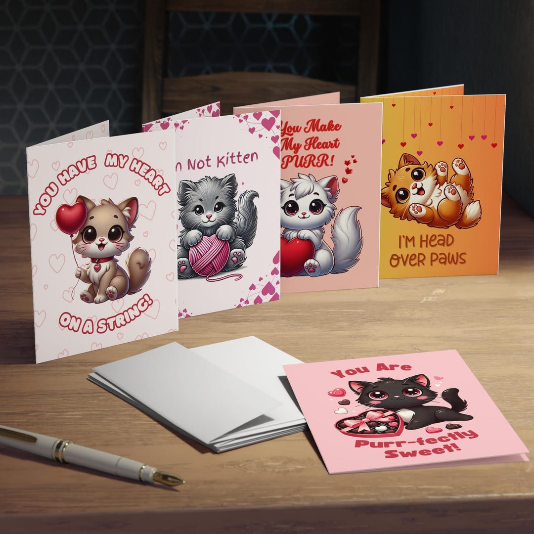 Valentine's Day Cards Decorated Cute Cats and Cat Puns - Multi-design ...