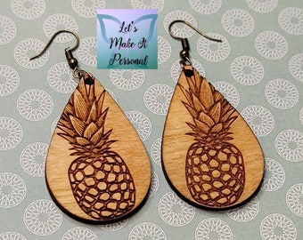 Pineapple Engraved Birch Wood Earrings