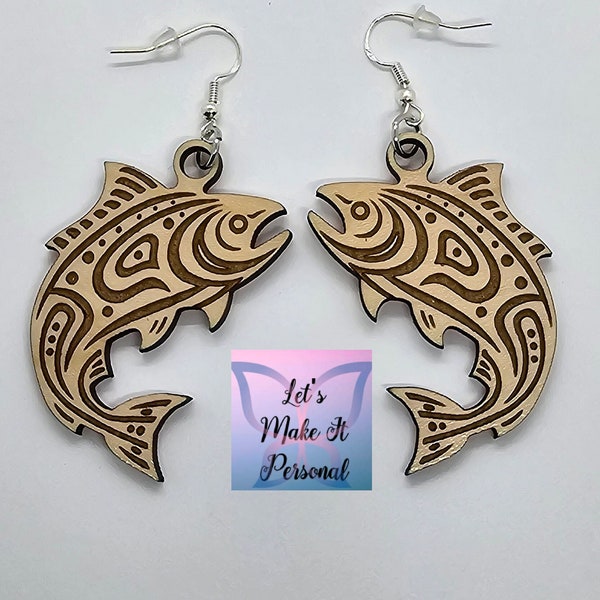 Leaping Salmon Engraved Maple Wood Earrings