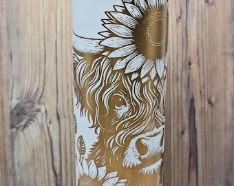 Highland Cow with Sunflowers Laser Engraved Travel Tumbler, 20 oz.