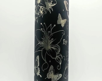 Laser Engraved Unicorn - Butterflies - Flowers Travel Tumbler, 20 oz. with Straw and Brush
