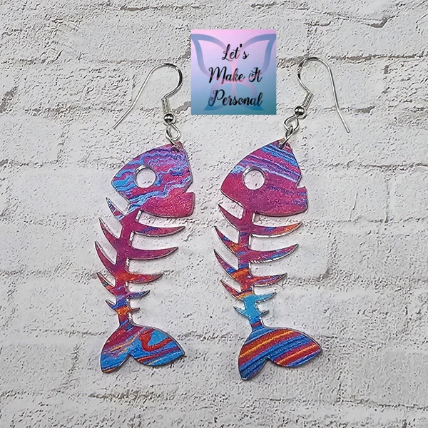 Laser Cut Printed Acrylic Fish Bone Earrings E002